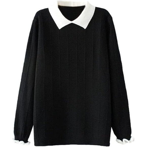 Chic Women's Pan Collar Knitted Sweater - Black Large Pullover for Fall Elegance